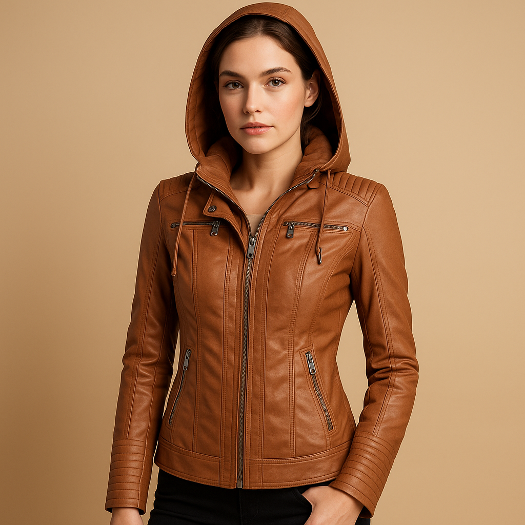 Short leather jacket with detachable hood for women