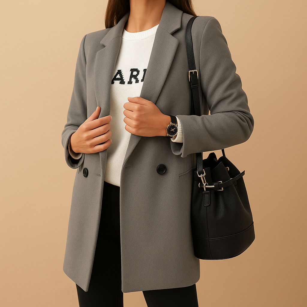Long, elegant women's jacket with a classic cut