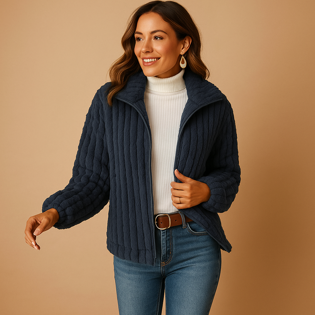 Long fleece women's cardigan with collar.