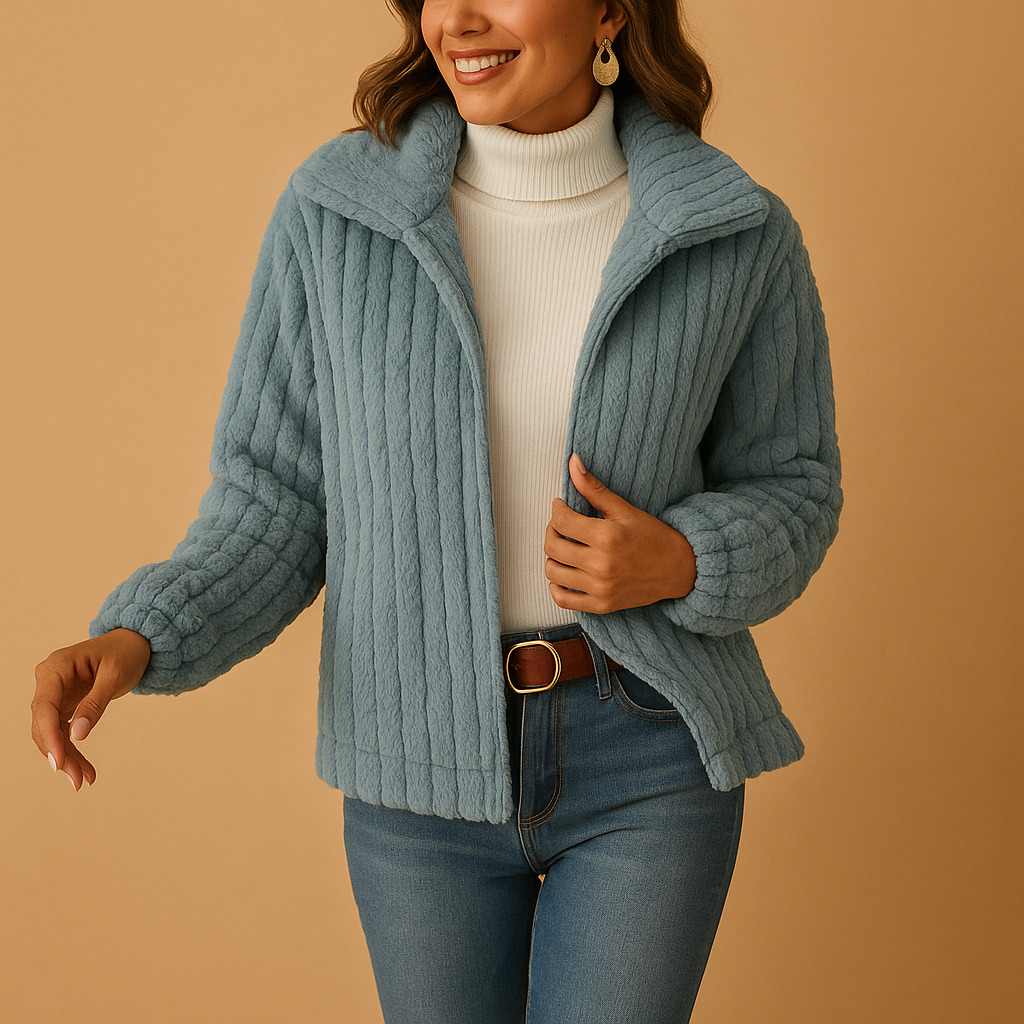 Long fleece women's cardigan with collar.