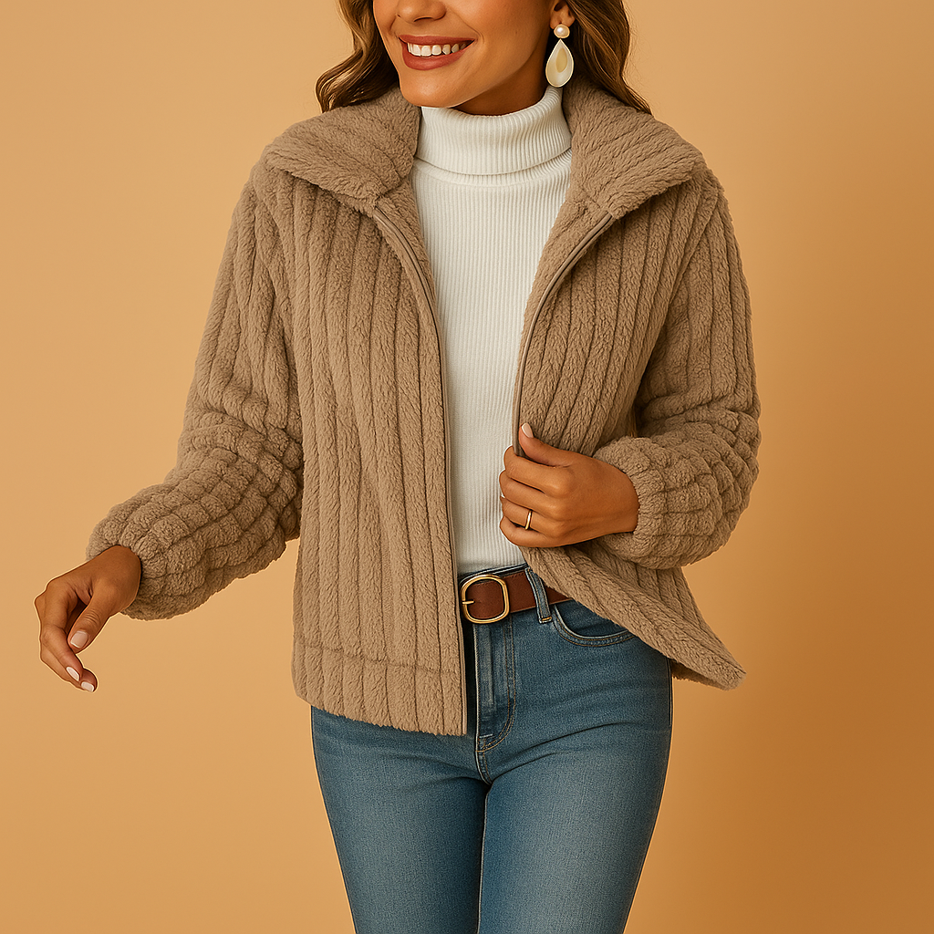 Long fleece women's cardigan with collar.