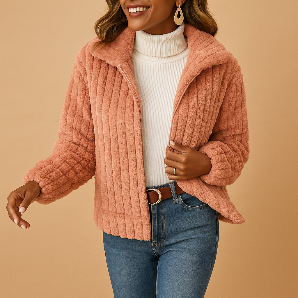 Long fleece vest with stand-up collar for women.