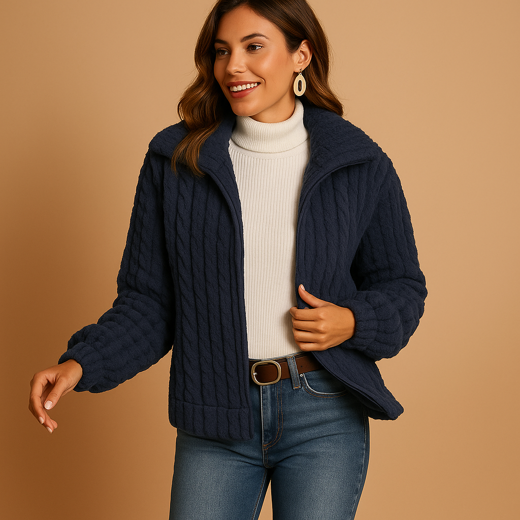 Long fleece vest with stand-up collar for women.