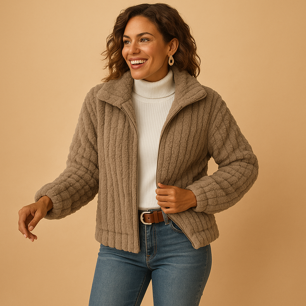 Long fleece vest with stand-up collar for women.