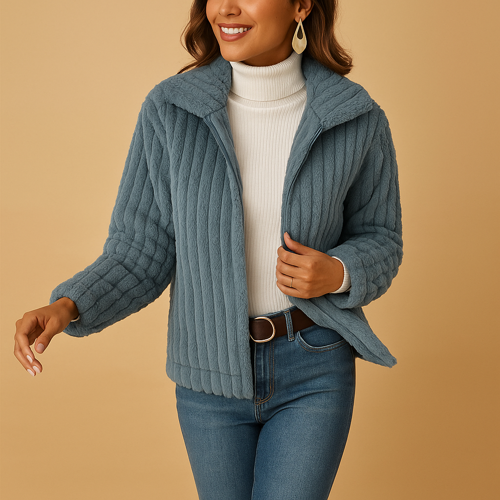 Long fleece vest with stand-up collar for women.