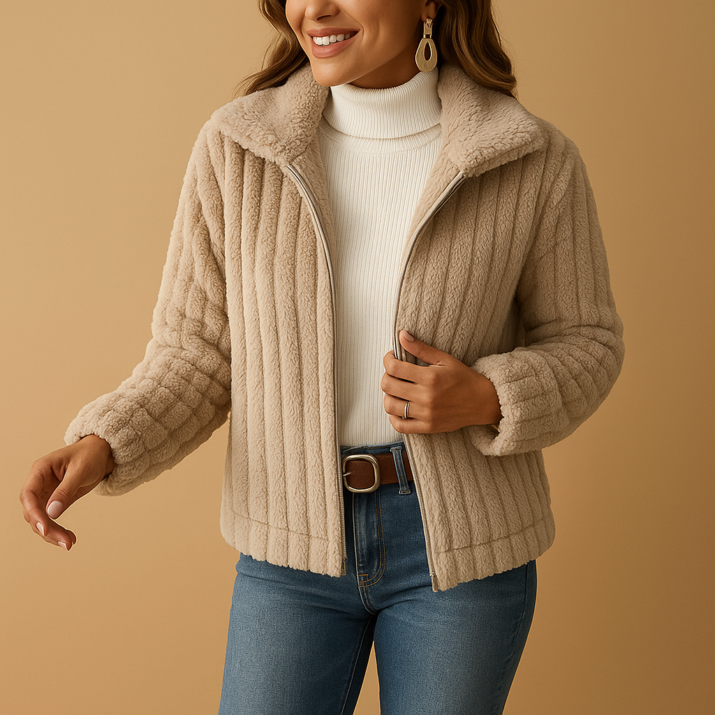 Long fleece vest with stand-up collar for women.