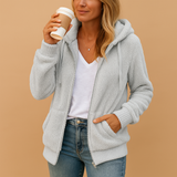 Long fleece vest with hood for women.