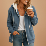 Long fleece vest with hood for women.