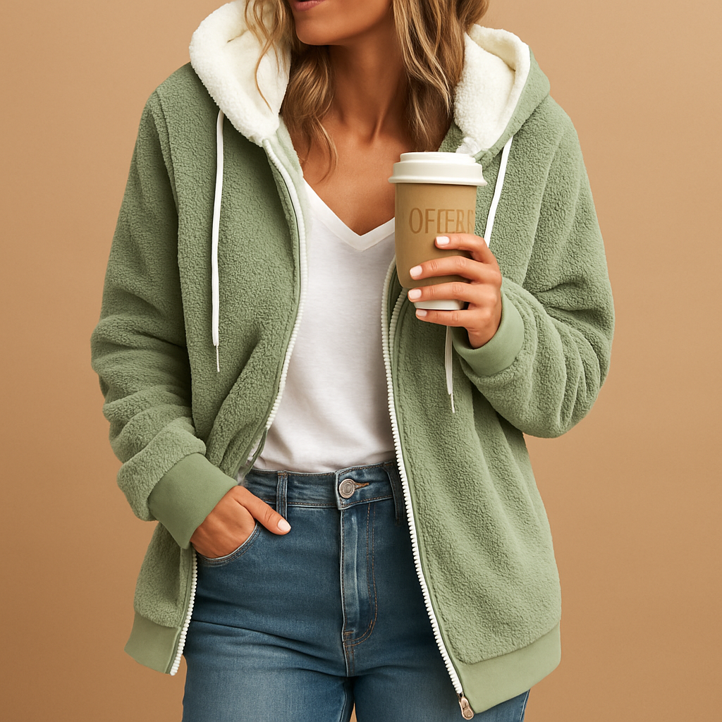 Long fleece vest with hood for women.
