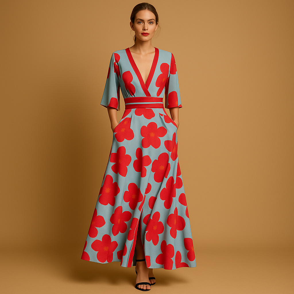 Long floral dress with V-neck and pockets for women.