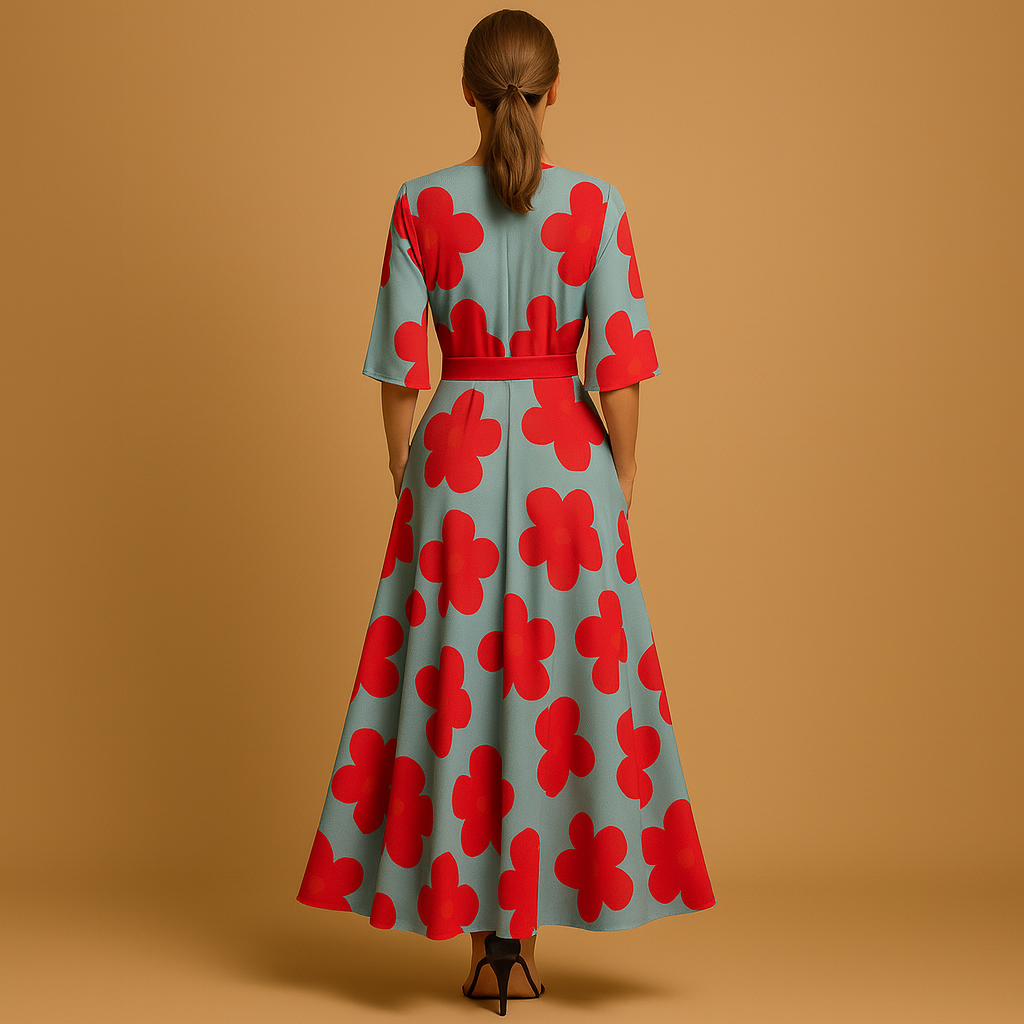 Long floral dress with V-neck and pockets for women.