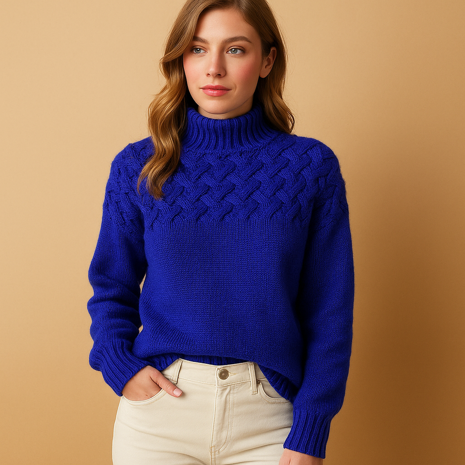 Long knit-style turtleneck for women.