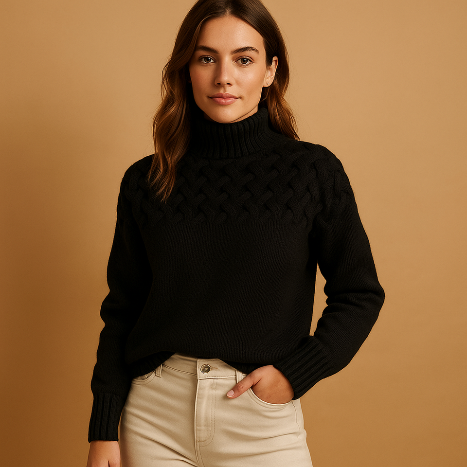 Long knit-style turtleneck for women.