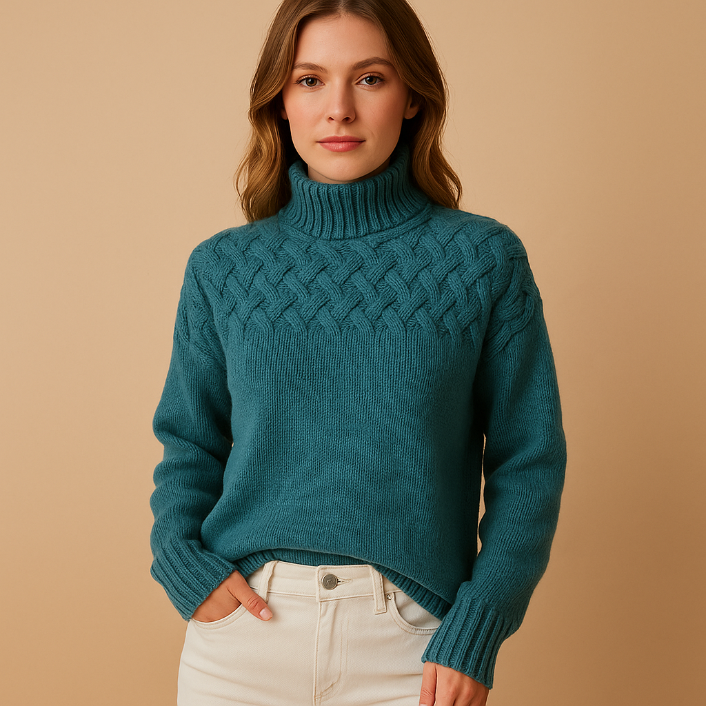 Long knit-style turtleneck for women.