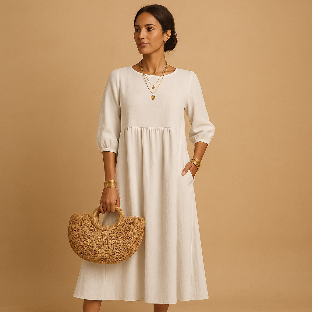 Long plain women's dress with round neckline.