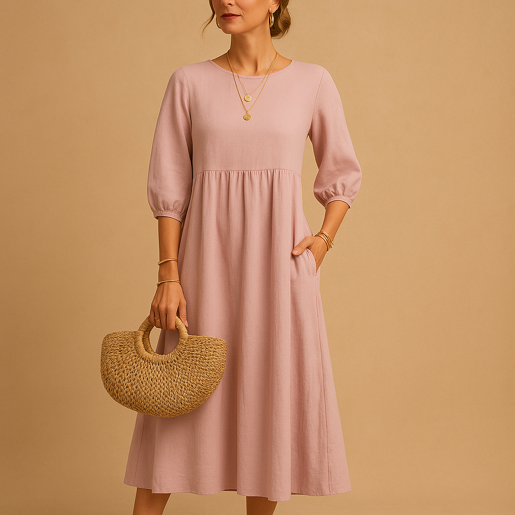 Long plain women's dress with round neckline.