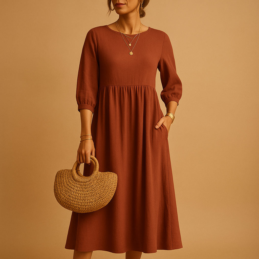 Long plain women's dress with round neckline.