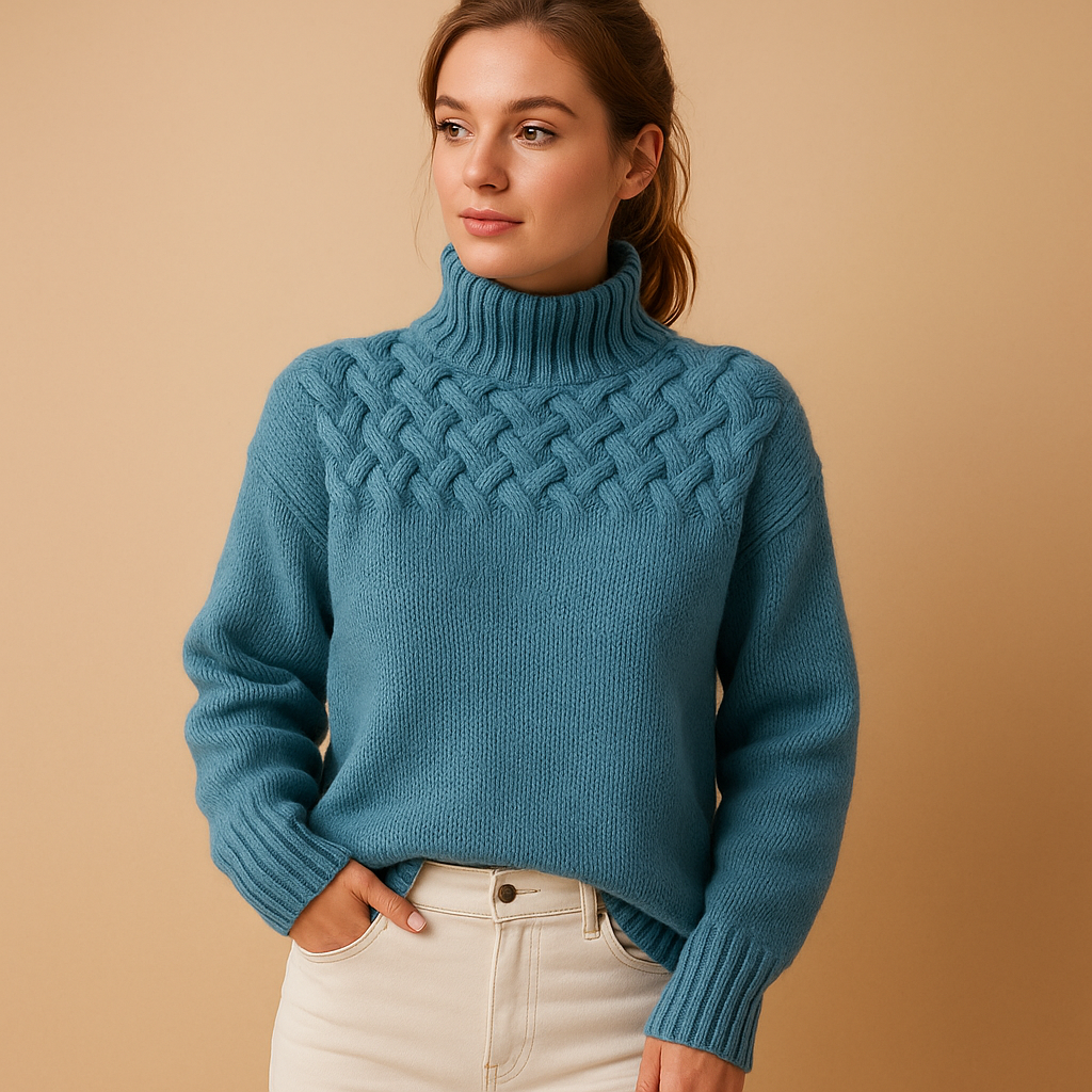 Long knitted sweater with turtleneck for women