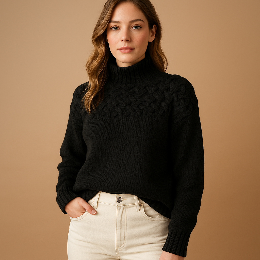 Long knitted sweater with turtleneck for women