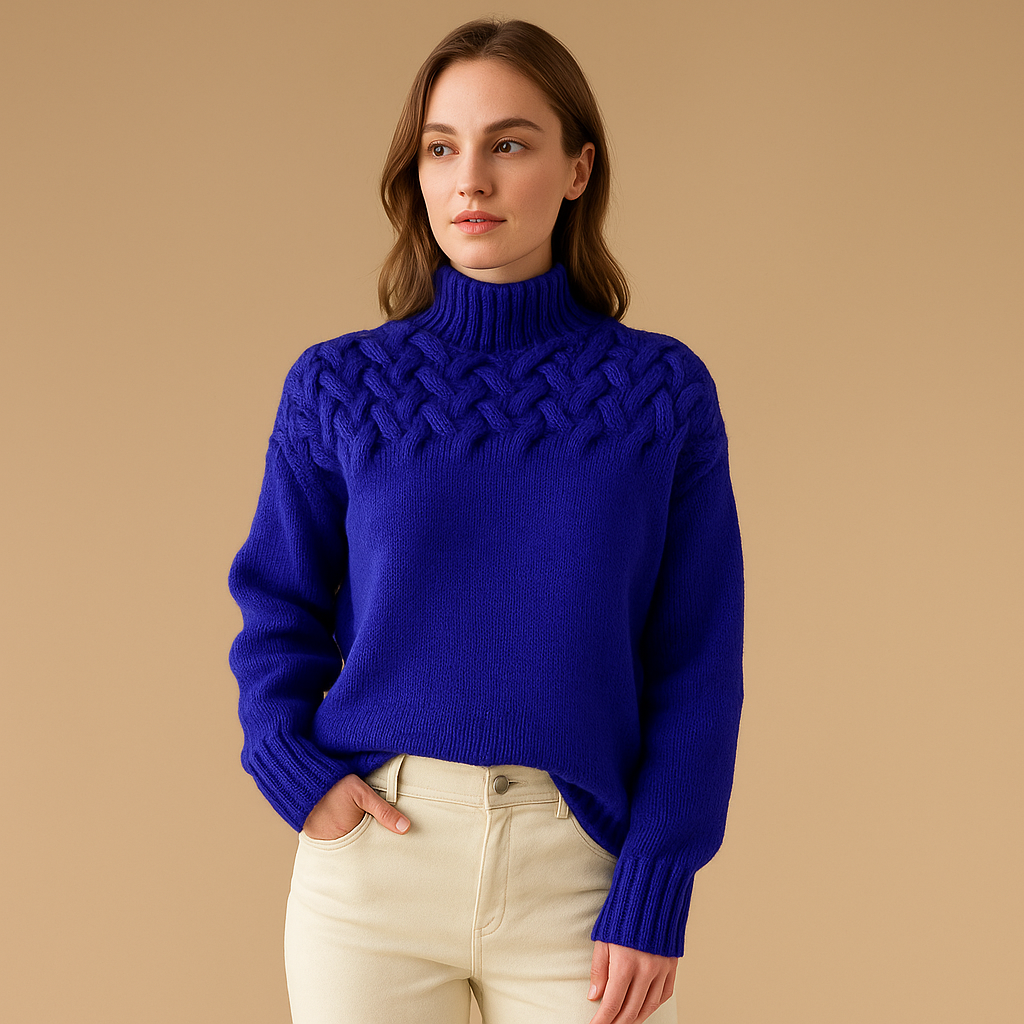 Long knitted sweater with turtleneck for women
