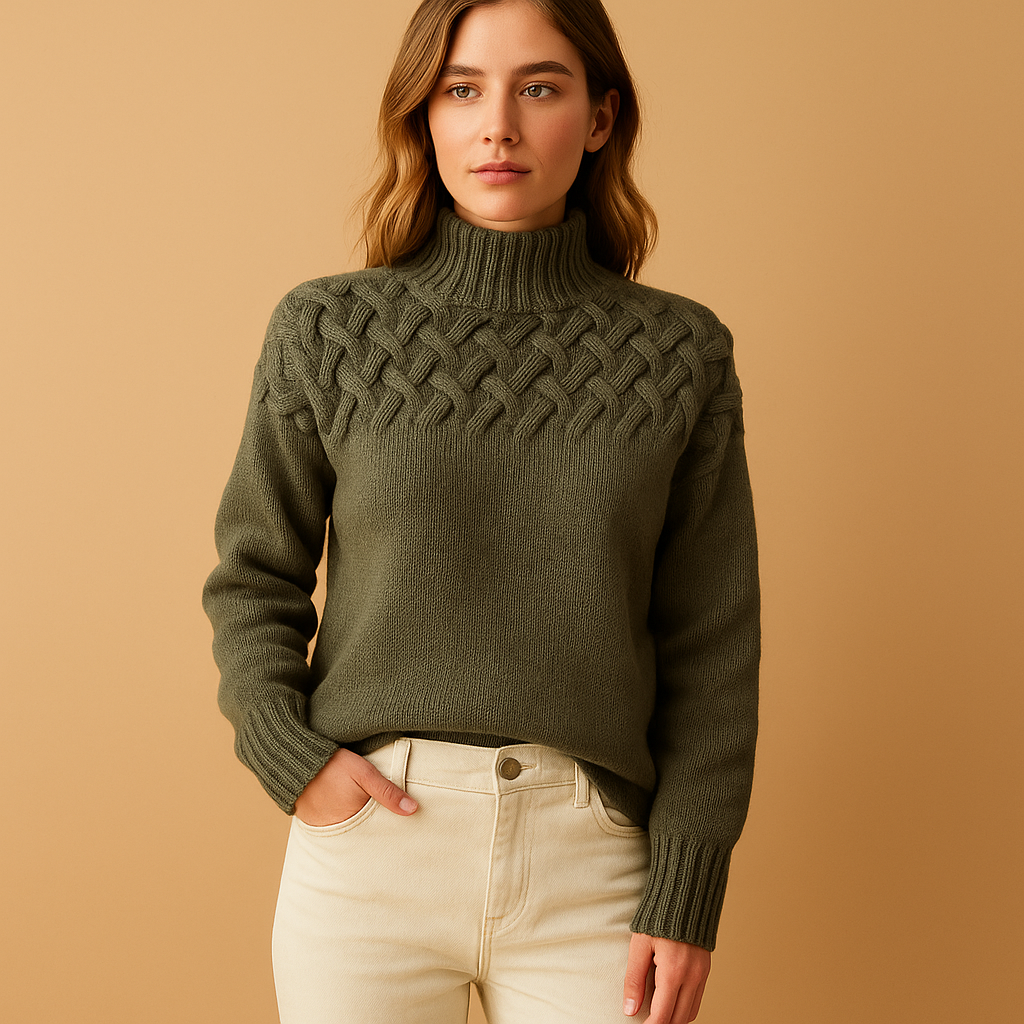 Long knitted sweater with turtleneck for women