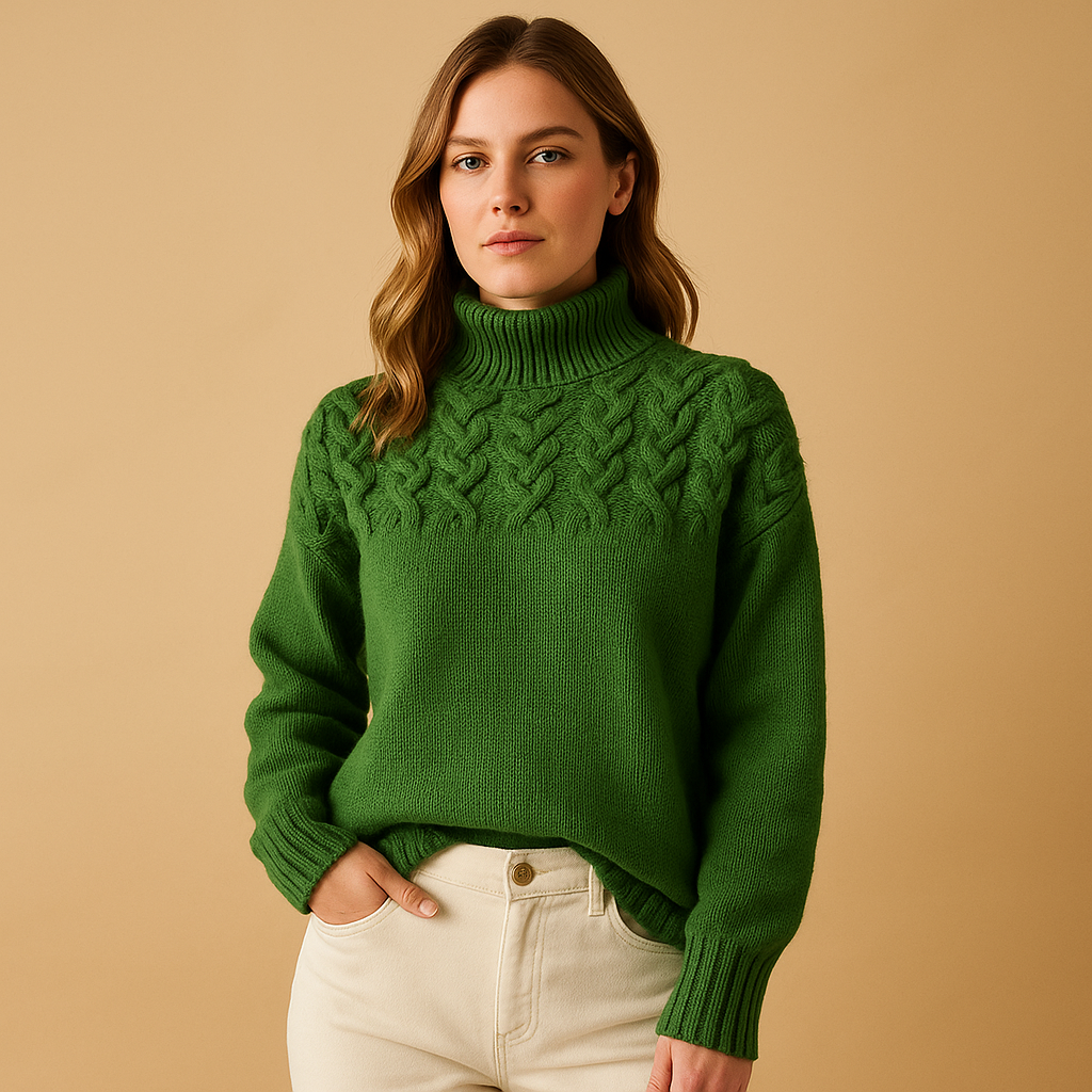 Long knitted sweater with turtleneck for women