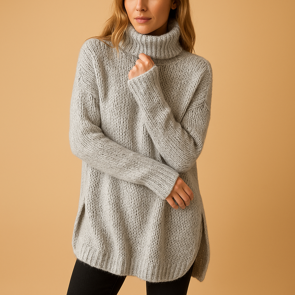 Long knitted sweater with print for women.