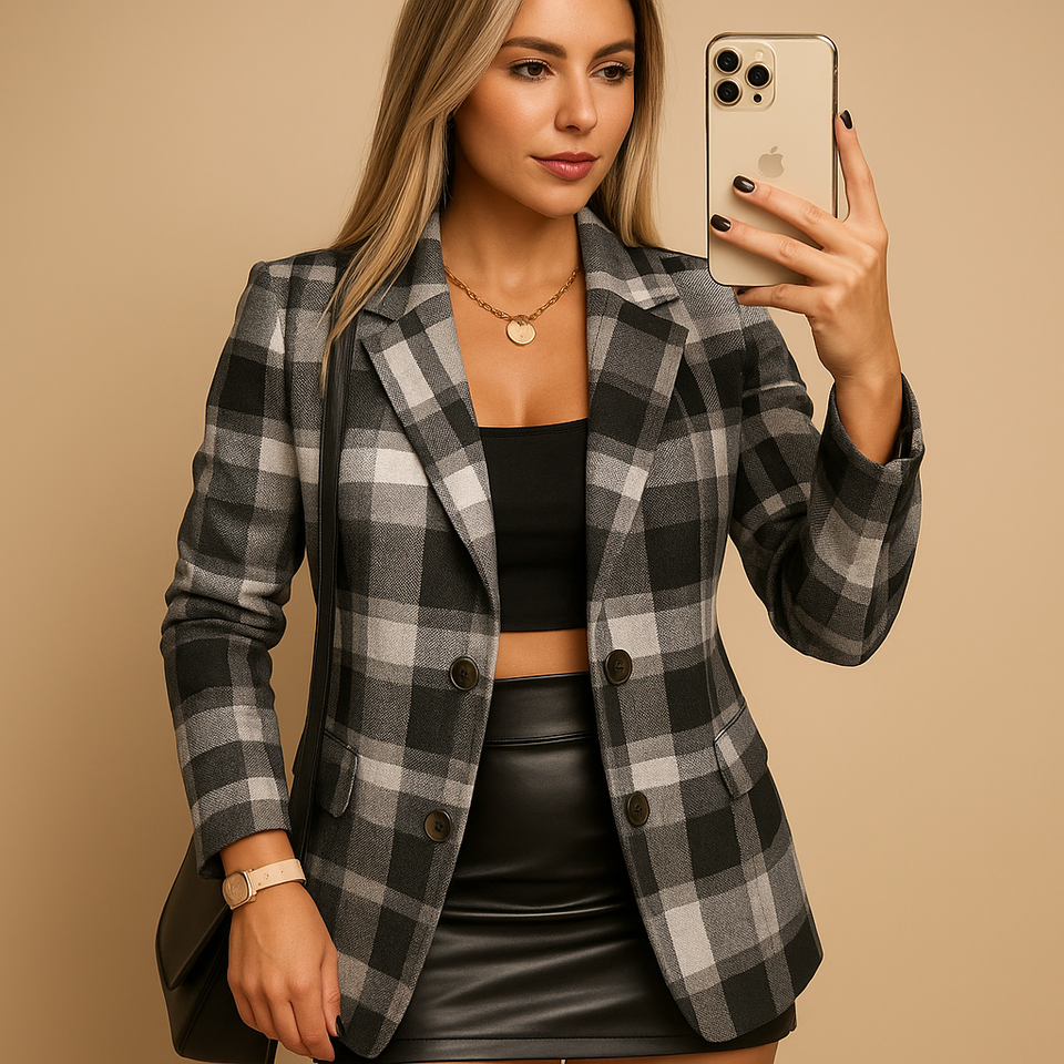 Long quilted women's blazer with check pattern.