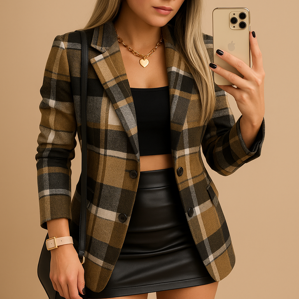 Long quilted women's blazer with check pattern.