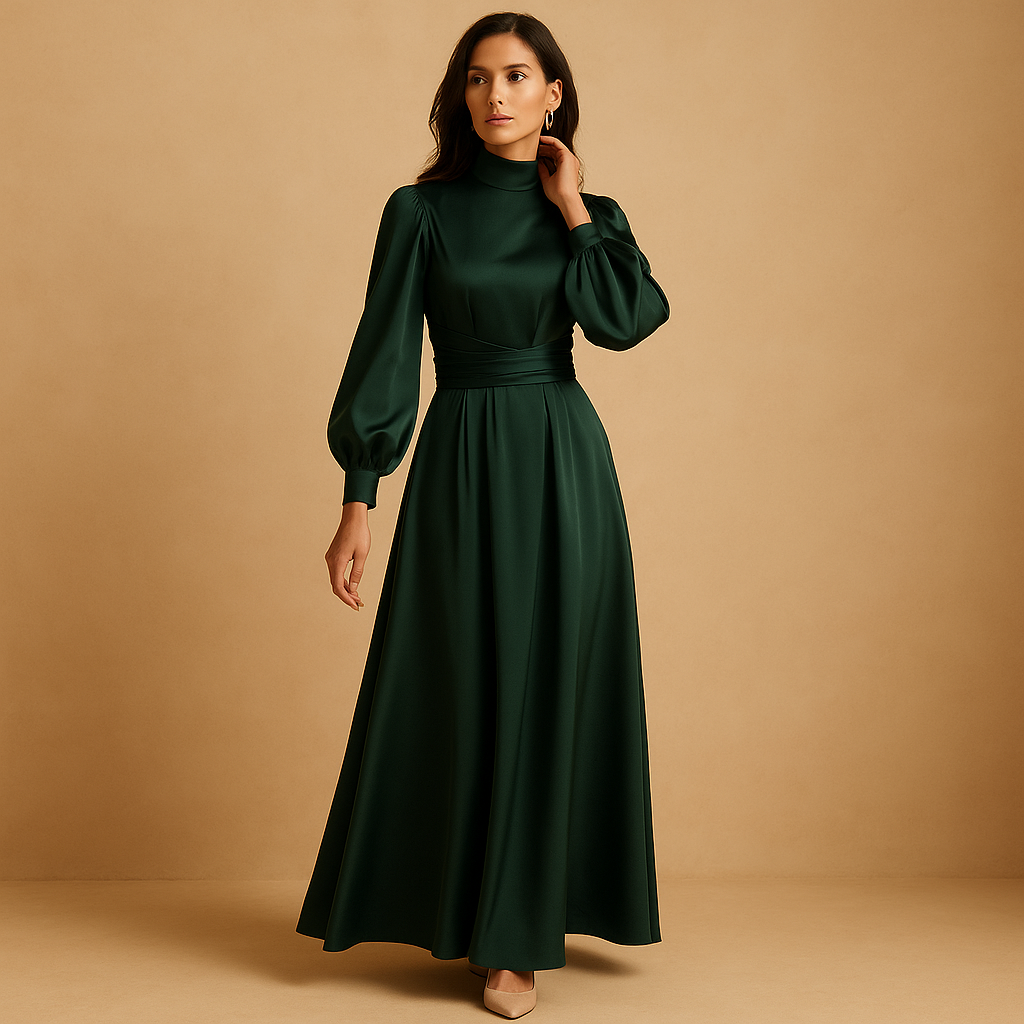 Long dress with waistband and elegant cut for women.