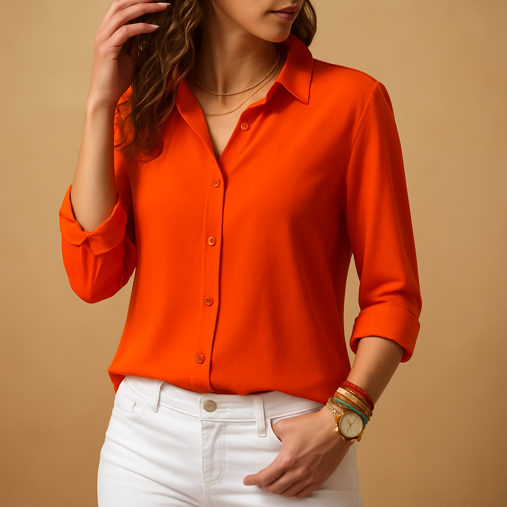 Long-sleeved blouse with V-neck and button closure for women