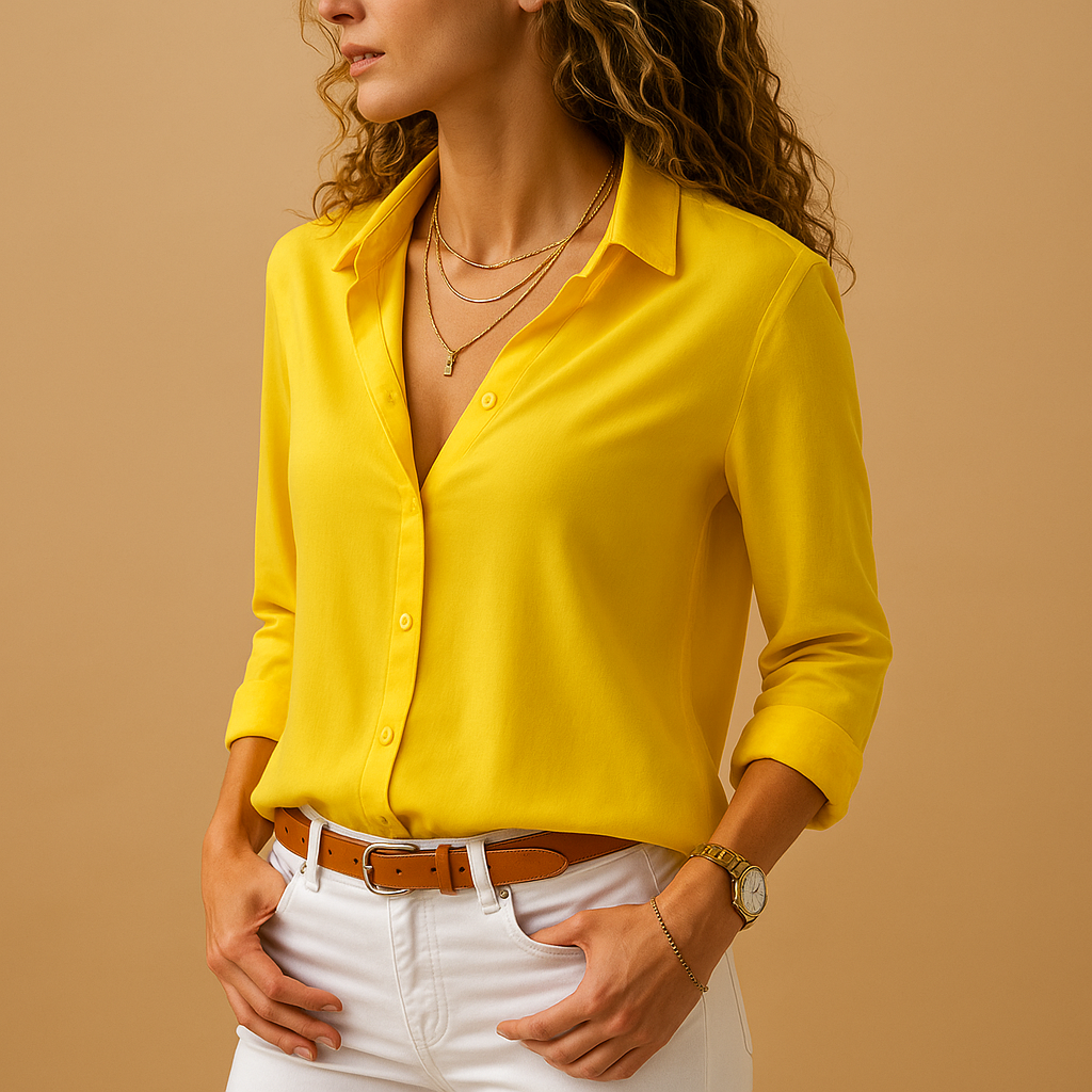 Long-sleeved blouse with V-neck and button closure for women