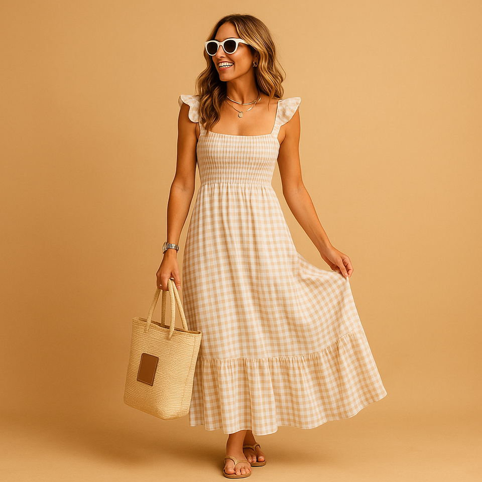 Long sleeveless summer dress with an elegant fit for women.