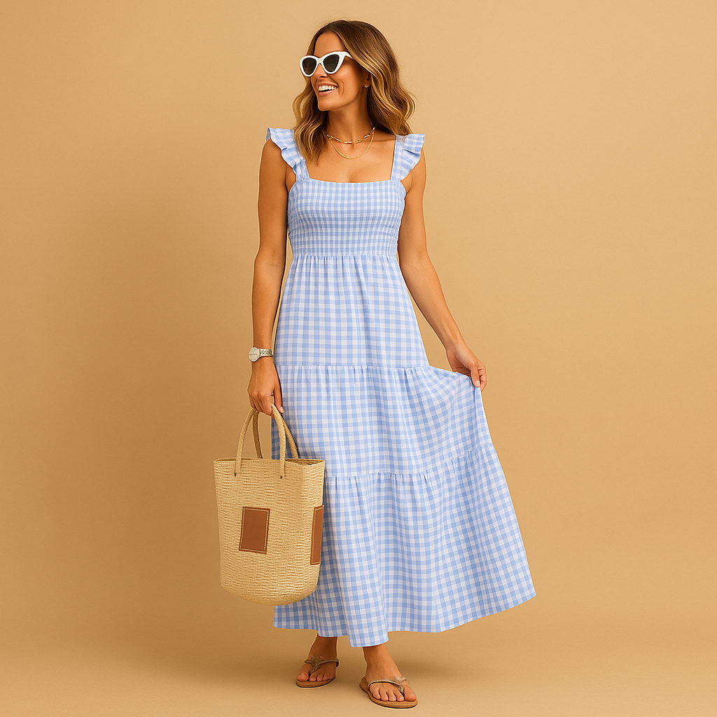 Long sleeveless summer dress with an elegant fit for women.