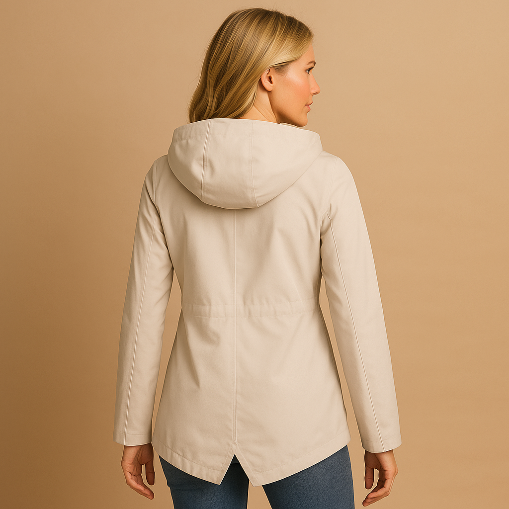 Long water-repellent raincoat with hood for women