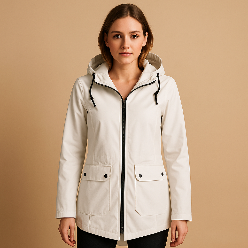 Long water-repellent raincoat with hood for women