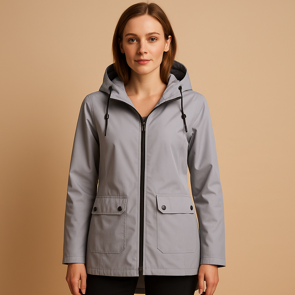Long water-repellent raincoat with hood for women