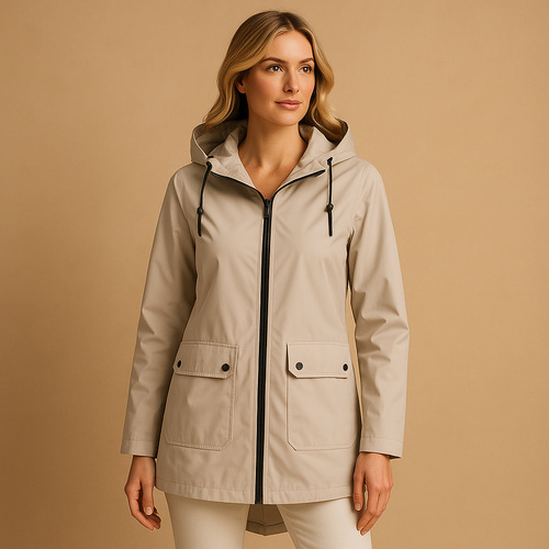 Long water-repellent raincoat with hood for women