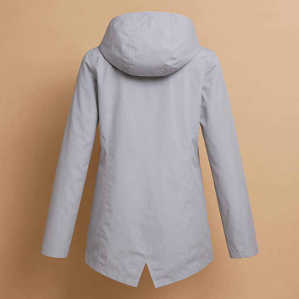 Long water-repellent raincoat with hood for women