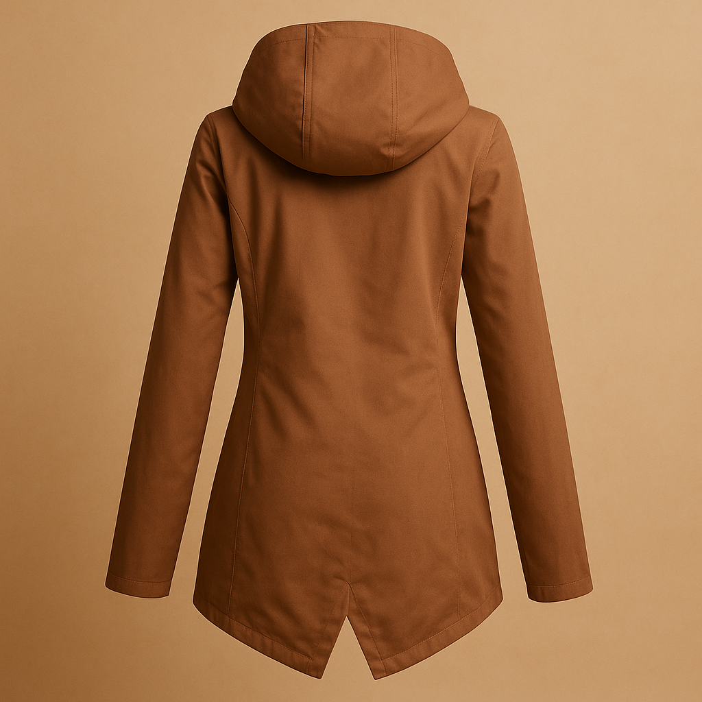 Long water-repellent raincoat with hood for women