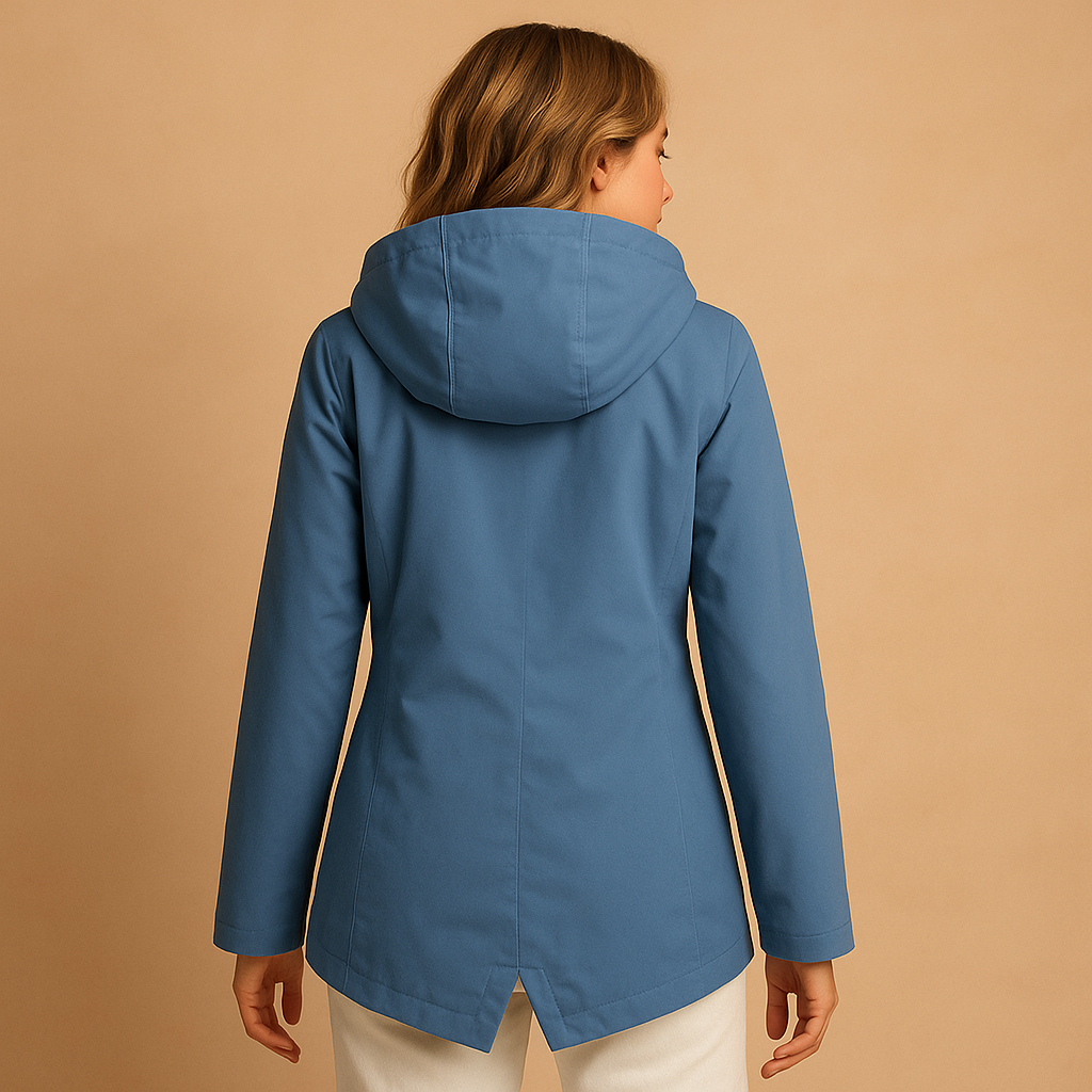 Long water-repellent raincoat with hood for women