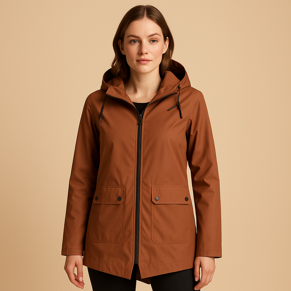 Long water-repellent raincoat with hood for women