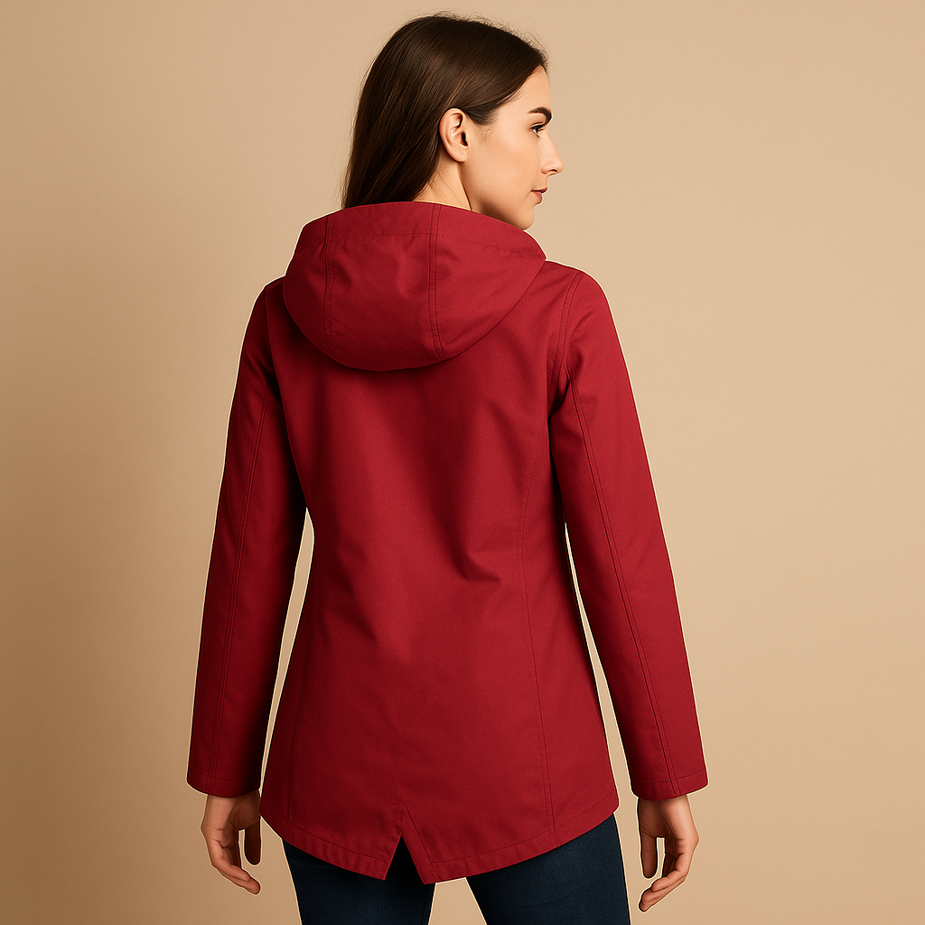 Long water-repellent raincoat with hood for women