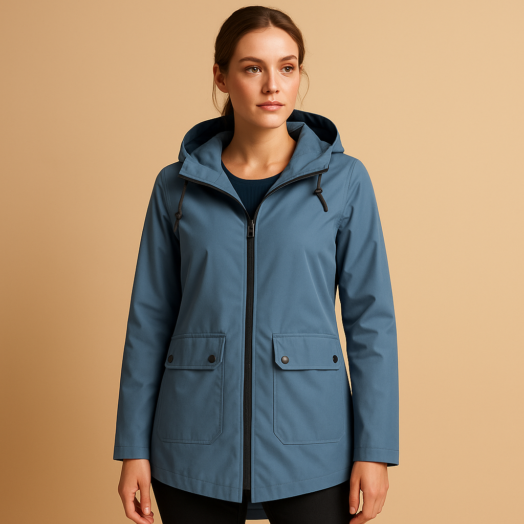 Long water-repellent raincoat with hood for women