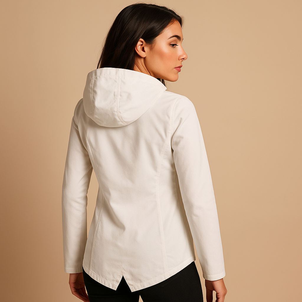Long water-repellent raincoat with hood for women