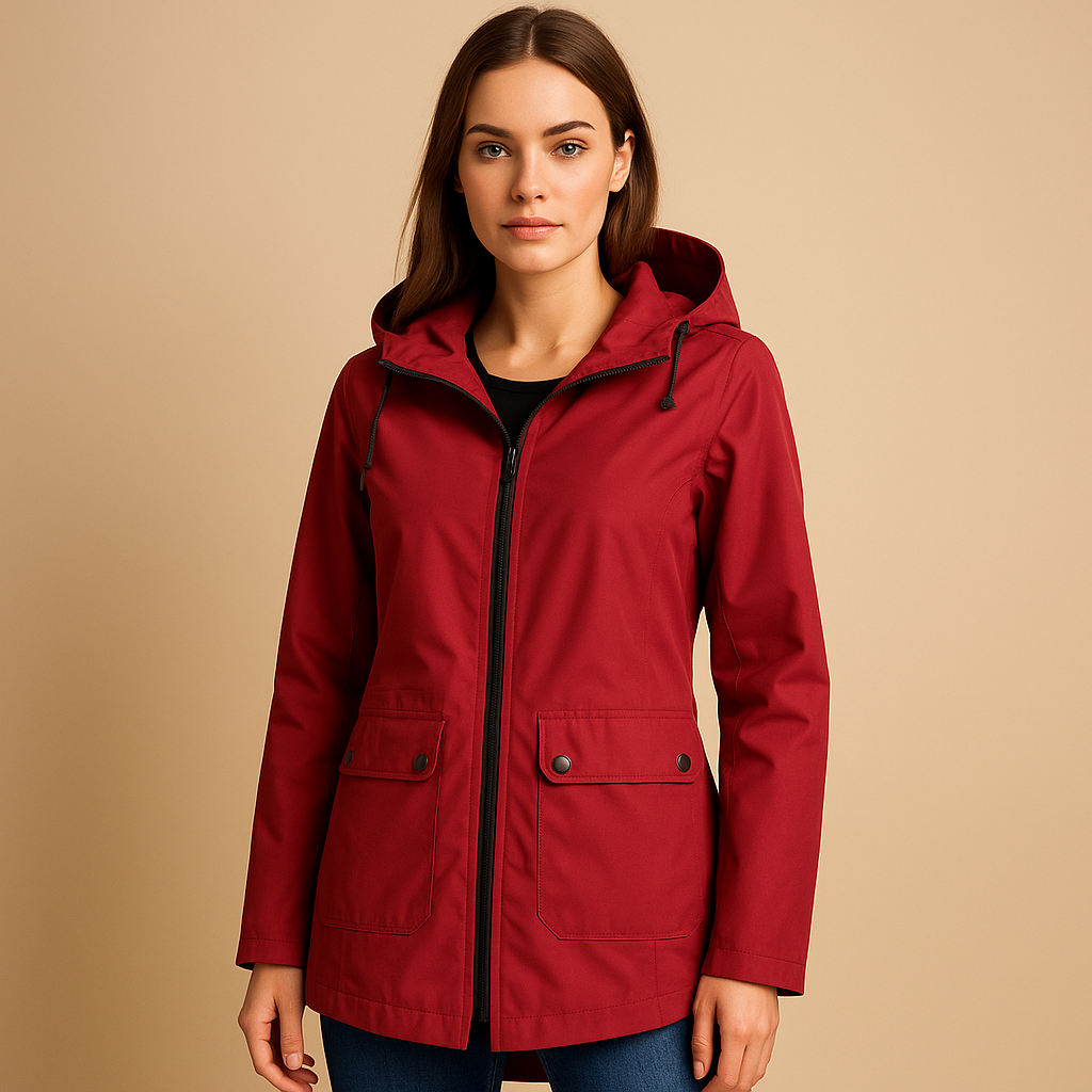 Long water-repellent raincoat with hood for women