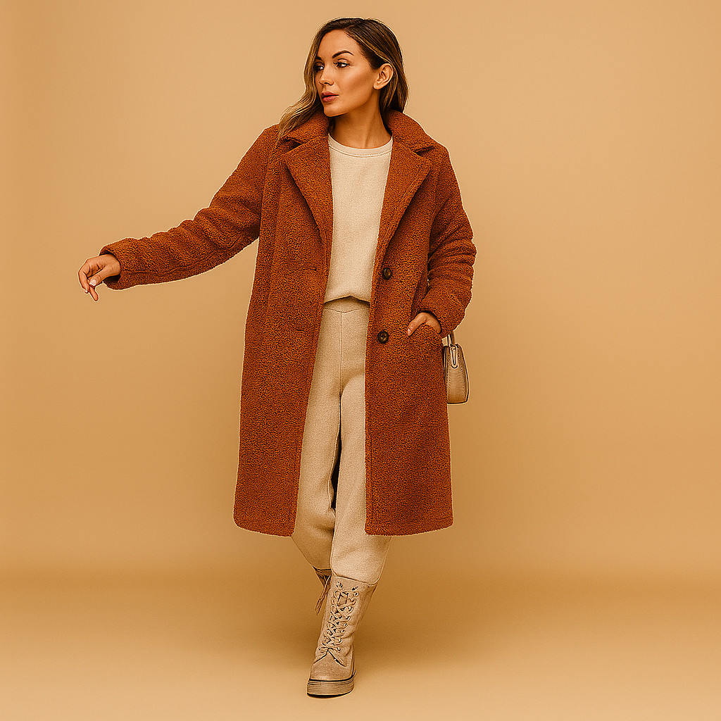Long teddy coat in beige for women