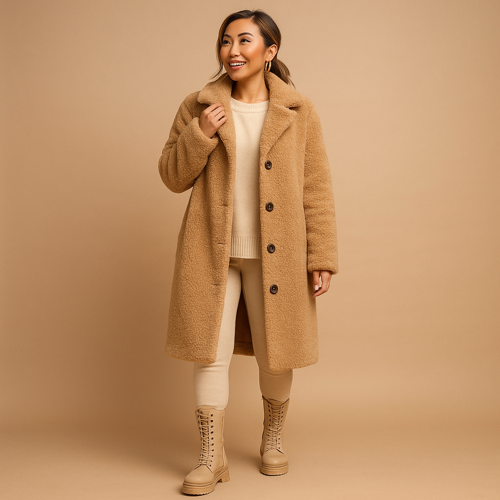 Long teddy coat in beige for women