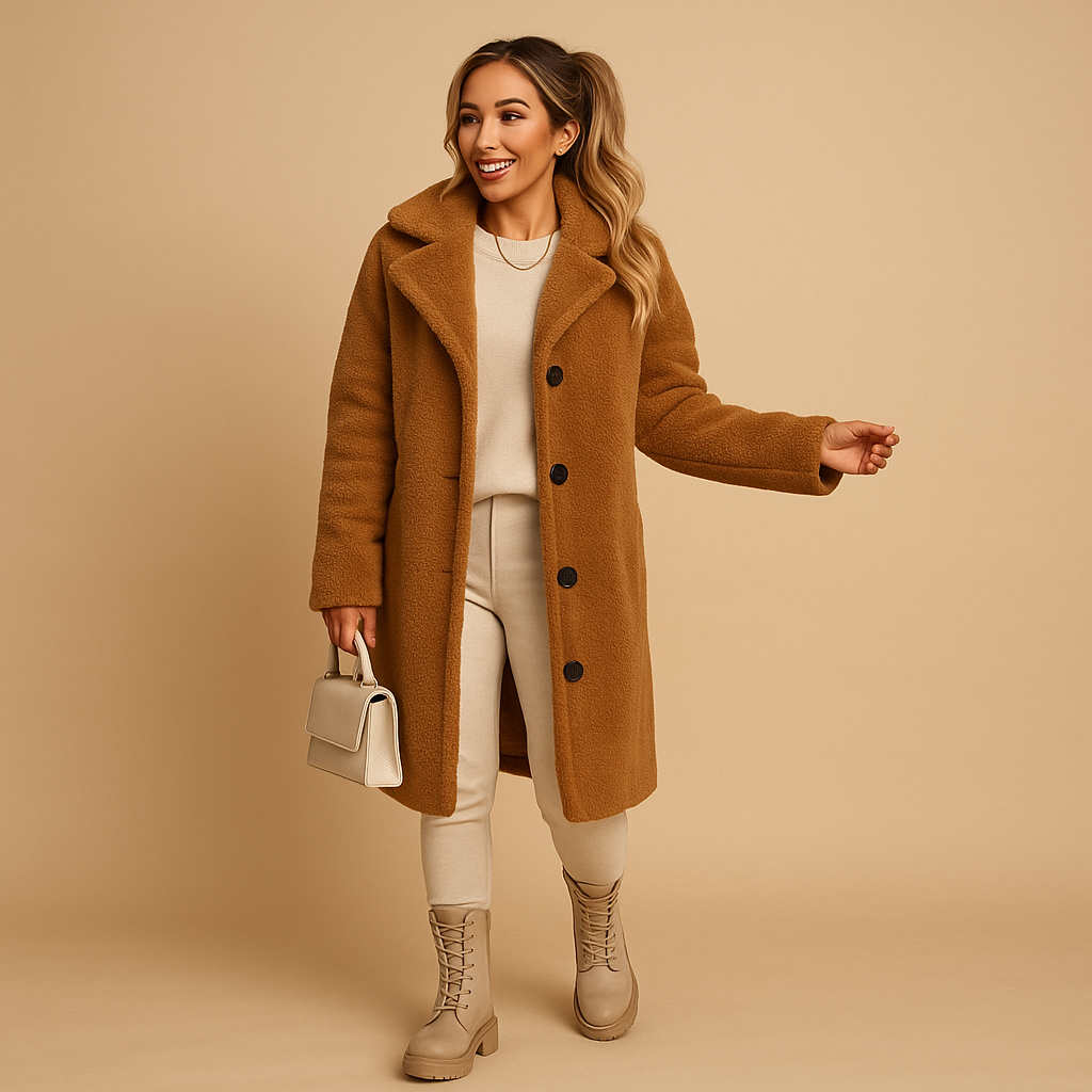 Long teddy coat in beige for women