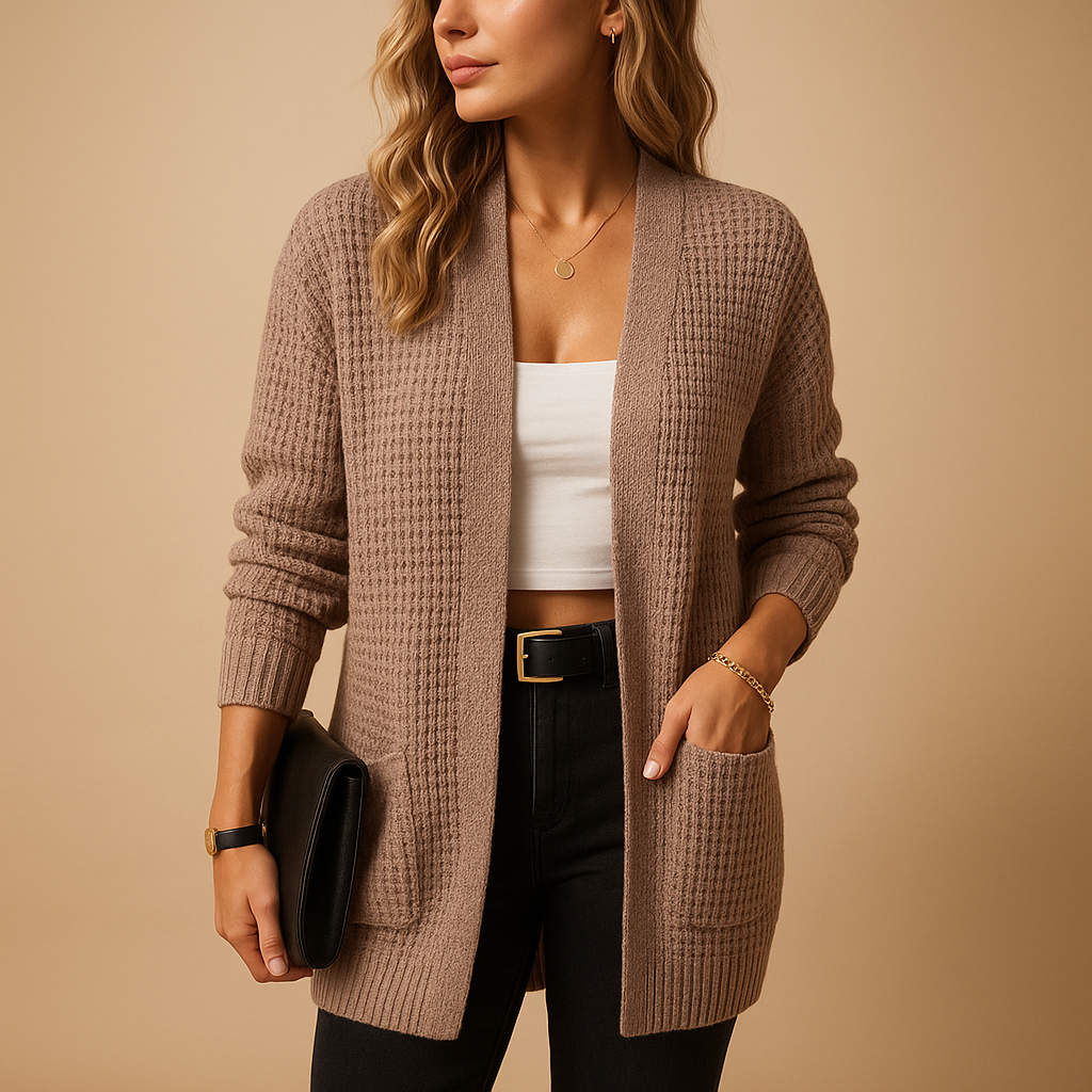 Long V-neck cardigan with pockets for women.